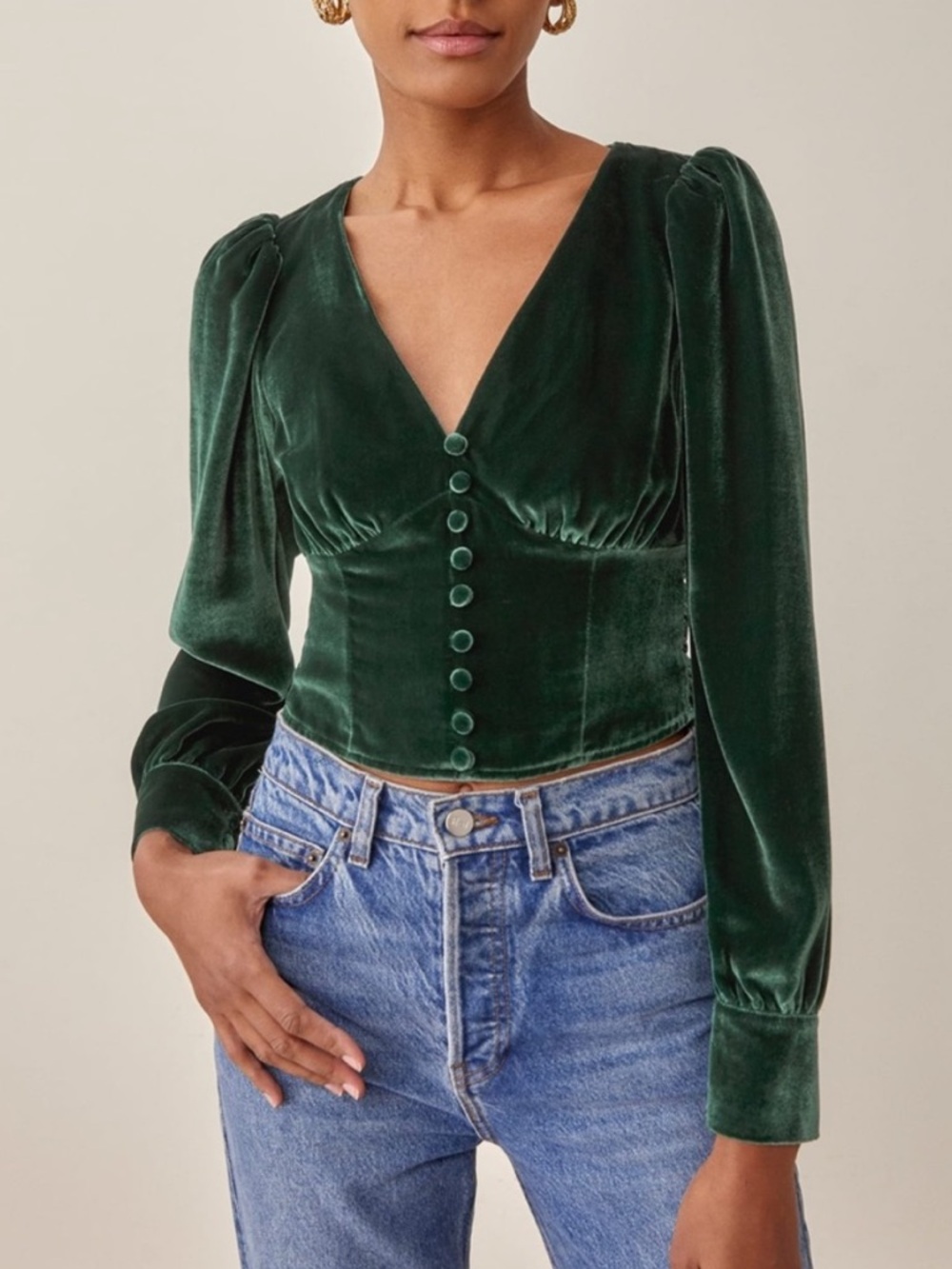 NWT Reformation Velvet Open Back Long Sleeve Top Women’s Size 0 | Emerald Green